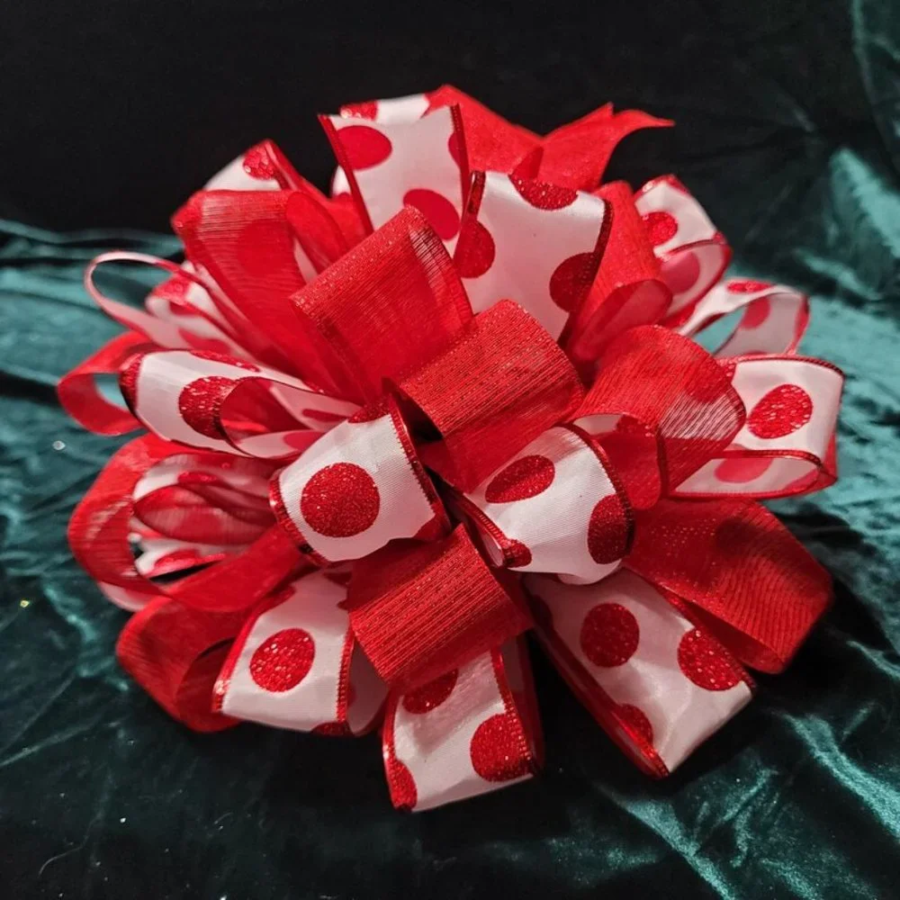 Christmas Tree Bow Topper, Red Polka Dot and Red Ribbon Bow Tree Topper 44 Loop‎